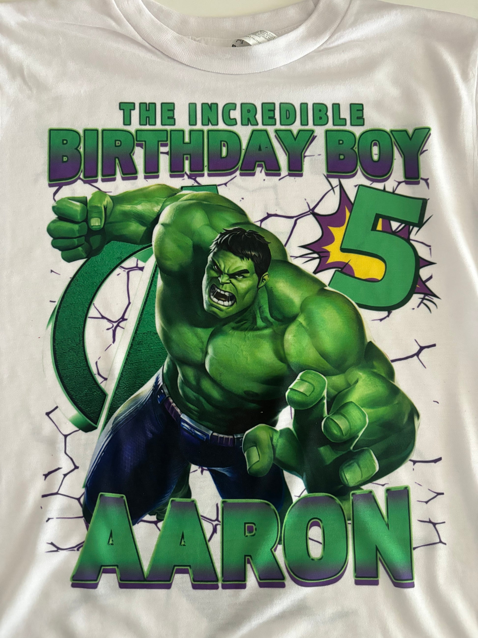 Personalized birthday boy shirt with green superhero-inspired age design