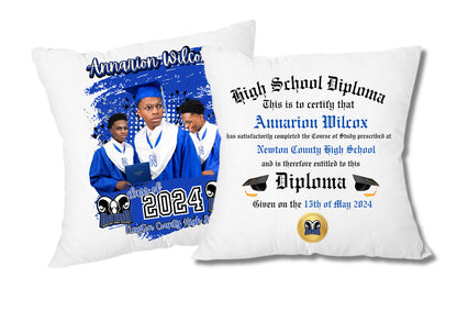 Custom graduation photo pillow with personalized name, class year, and diploma-inspired design