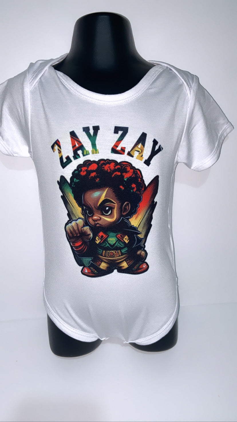 White onesie with colorful graphic design with name ‘ZAY ZAY' text 