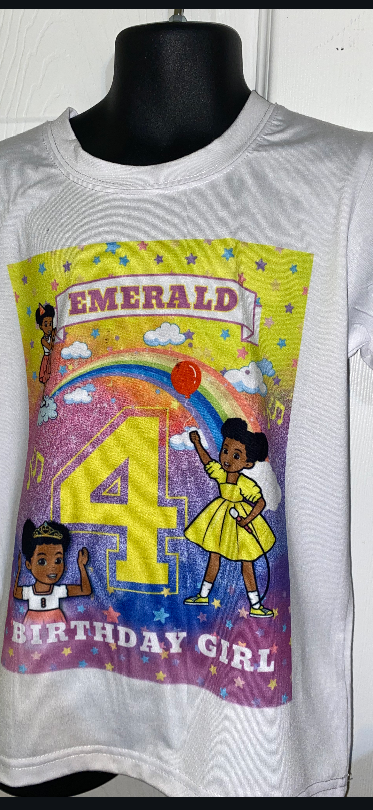 Custom birthday girl t-shirt featuring a colorful age number and name