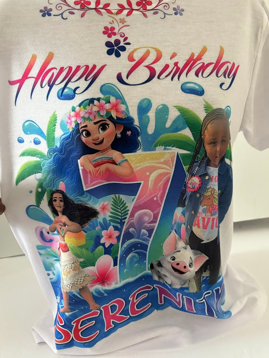 Custom kids birthday shirt featuring a tropical princess-inspired design with personalized name and age number