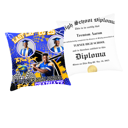 Custom graduation photo pillow featuring Turner High School diploma design, personalized keepsake gift